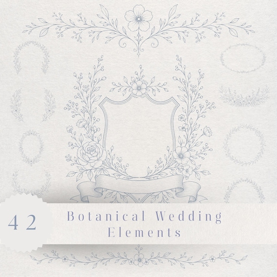 Botanical Line Art Wedding Clipart Bundle, Fine Line Floral Dividers Frames & Crests PNG, Minimal Elegant Invitation Elements