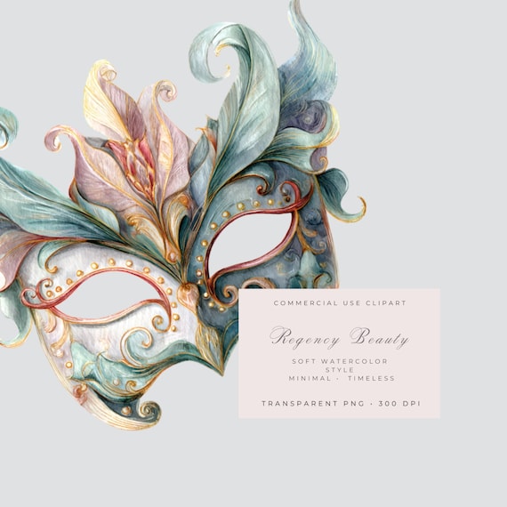 Ballroom Mask Clipart, Regency Style Clipart, Romantic Watercolor PNG, Vintage Aesthetic Design