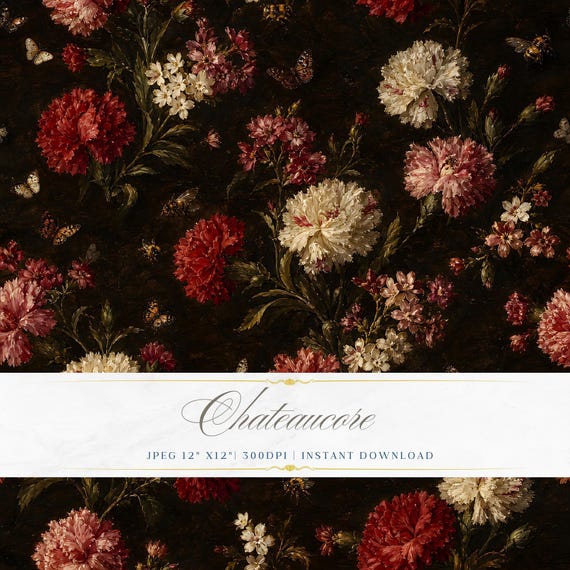 Dark Floral Seamless Pattern JPEG Oil Painting Digital Paper Carnation Chateaucore Moody Download