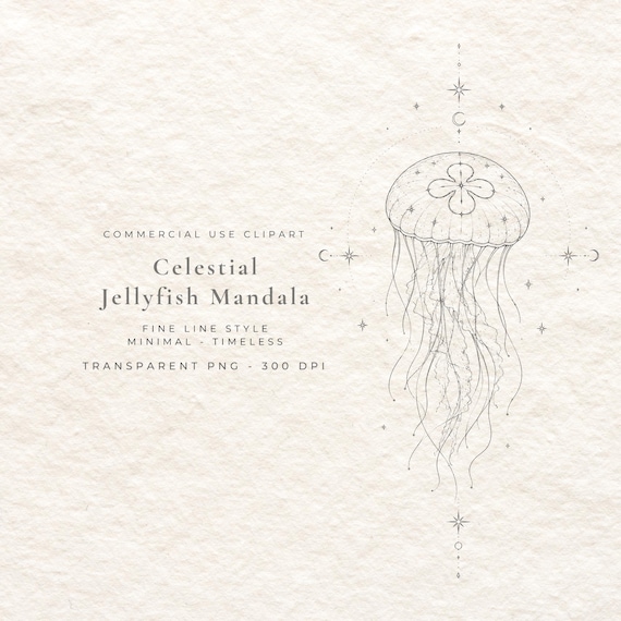 Celestial Jellyfish Mandala PNG, Fine Line Ocean Line Art Digital Download, Mystical Jellyfish Clipart, Boho Wall Art Printable File