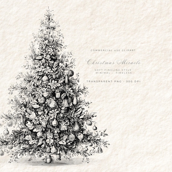 Fine Line Christmas Tree Clipart, Minimal Holiday Tree PNG, Elegant Winter Design, Canva Graphic