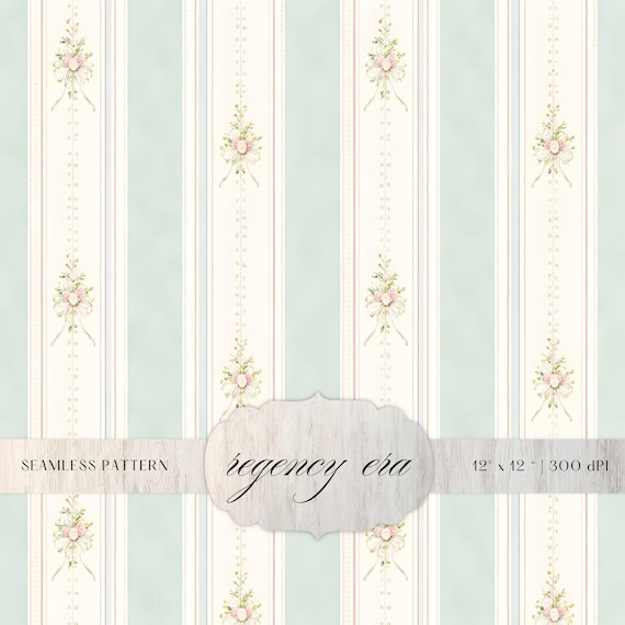 Green Floral Regency Stripe Seamless Pattern,  Digital Paper, Elegant Vintage Background, Romantic Textile Design, Classic Repeat Print