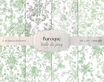 Grüne Toile De Jouy Nahtlose Muster – Barockstil (Digitaler Download)