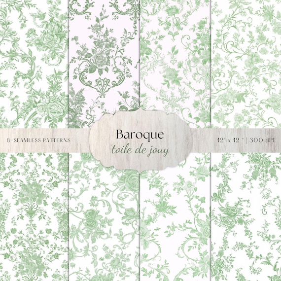 Green Toile De Jouy Seamless Patterns – Baroque Style (Digital Download)