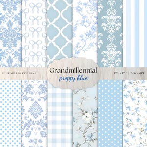 Grandmillennial Seamless Patterns | Blue Preppy Digital Paper Pack | 12 High Quality Designs