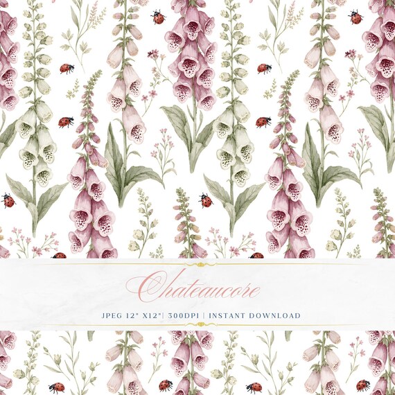 Foxglove Watercolor Seamless Pattern, Wild Garden Digital Paper, Botanical Seamless Tile