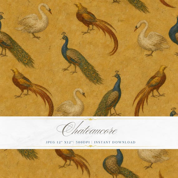 Antique Peacock Pheasant Seamless Pattern, Golden Bird Digital Paper, Vintage Exotic Tile