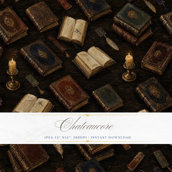 Antique Books Seamless Pattern JPEG Oil Painting Dark Digital Paper Academia Chateaucore Download