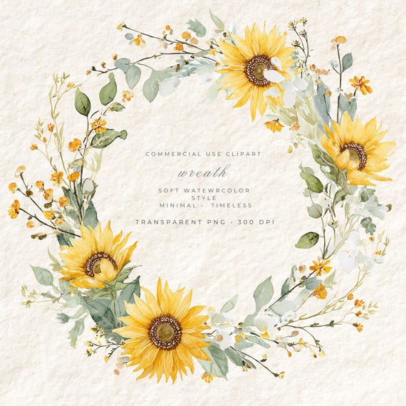 Sunflower Wreath PNG, Watercolor Floral Frame Clipart, Rustic Botanical Circle, Summer Flower Border, Farmhouse Wedding Logo Design