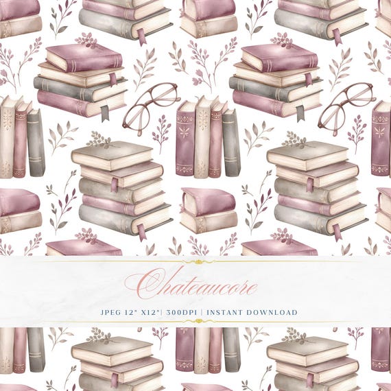 Chateaucore Books Seamless Pattern, Watercolor Library Pattern, Vintage Book Digital Paper