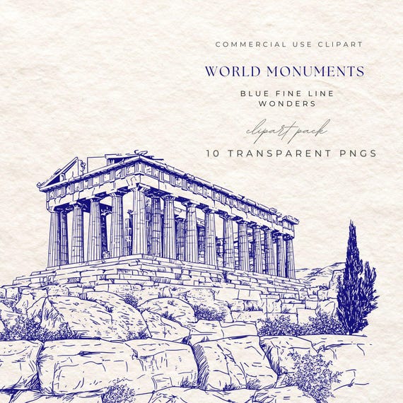 World Landmarks Clipart | Blue Ink Fine Line PNGs (Digital Download)