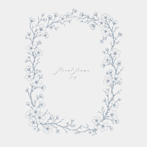Cherry Blossom Frame PNG | Fine Line Pencil Clipart | Wedding Stationery | Transparent | 300 DPI