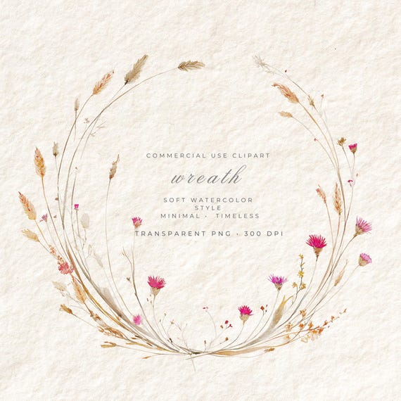 Wildflower Wreath Watercolor Clipart PNG, Meadow Botanical Transparent Background, Paper Craft Card Making, Commercial Use Instant Download