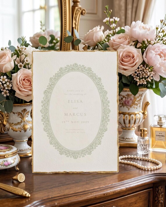 Sage Green Oval Wedding Frame, Luxury Fine Line Crest PNG, Ornate Border Clipart