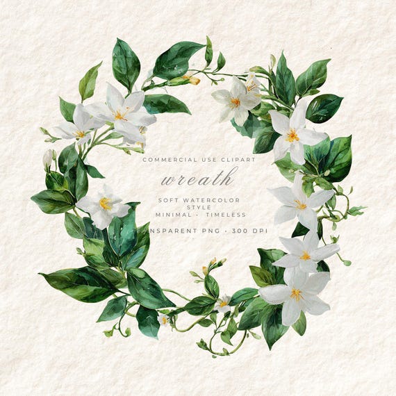 Jasmine Vines Watercolor Wreath, Transparent Background Clipart, Tumbler Shirt Mug Design, Commercial Use Digital Download