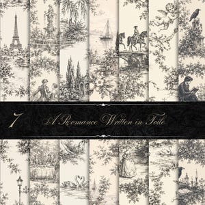May include: A collection of Toile de Jouy fabric panels featuring black and white illustrations of romantic scenes. The panels depict landscapes with architectural elements, figures, and floral accents. The text "A Romance Written in Toile" is displayed on a black banner.