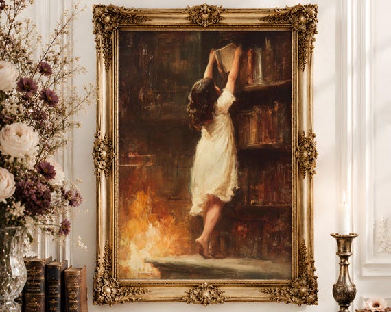 Dark Library Wall Art Print | Victorian Woman Bookshelf Oil Painting | Dark Academia Bedroom Decor Digital Download
