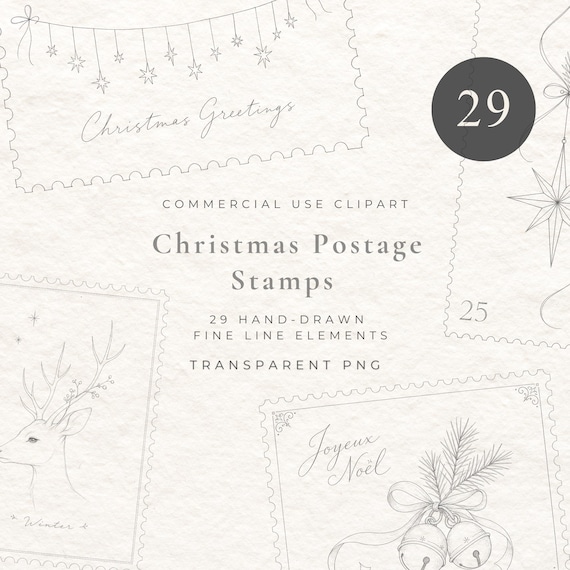 Victorian Christmas Postage Stamp Clipart, Vintage Holiday Stamps PNG, Fine Line Christmas Graphics, Antique Ephemera, Winter Clip Art