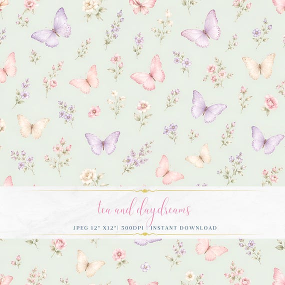 Tea Party Floral Pattern, Pastel Butterflies Seamless Digital Paper, Feminine Pastel Background, Soft Green, Spring Design