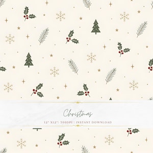 May include: A cream-colored Christmas-themed pattern featuring green Christmas trees, holly with red berries, snowflakes, and star accents. The word "Christmas" is written in cursive across the bottom.