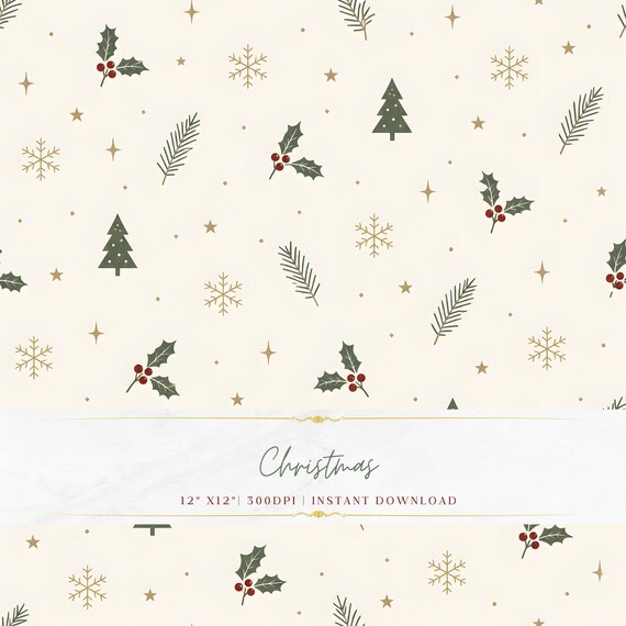 Minimal Christmas Holly Pattern, Scandinavian Holiday Digital Paper, Holly Berries Tree Seamless, 300 DPI Commercial Use Download