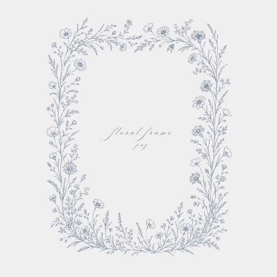 Wildflower Meadow Frame PNG | Fine Line Pencil Clipart | Wedding Stationery | Transparent | 300 DPI