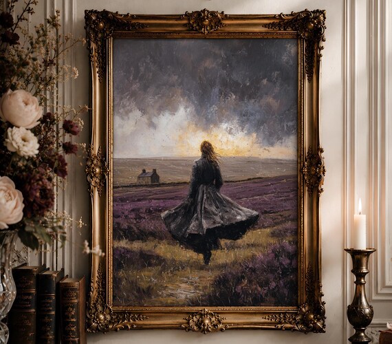 Dark Moors Woman Walking Wall Art | Stormy Heather Cloak Oil Painting | Gothic Romantic Landscape Decor Digital Download