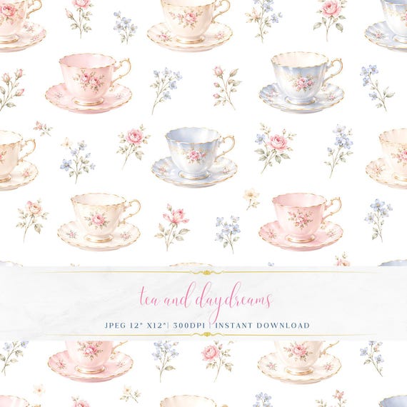 Tea Party Floral Pattern, Seamless Digital Paper, Feminine Pastel Background