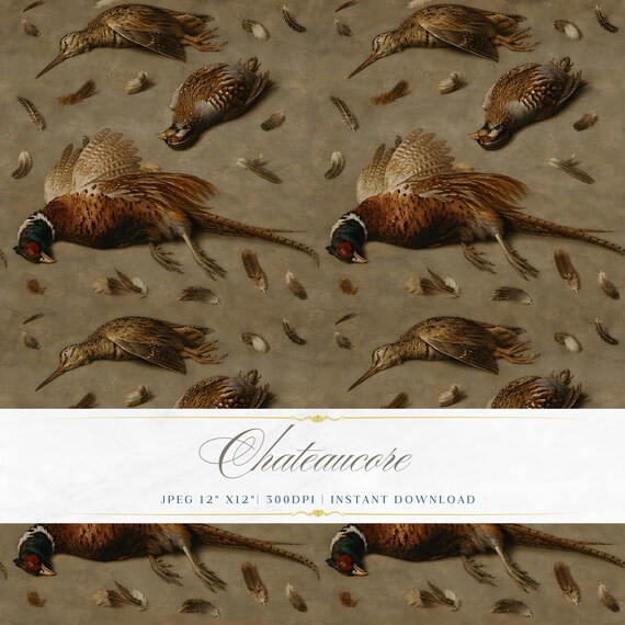 Game Bird Seamless Pattern JPEG Oil Painting Digital Paper Hunting Lodge Chateaucore Instant Download