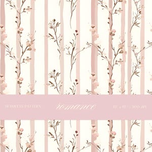 May include: Seamless pattern with a romantic floral design. The background features vertical stripes in soft pink and white. Delicate brown branches with small pink and white flowers are scattered across the pattern. The word "romance" is written in cursive.