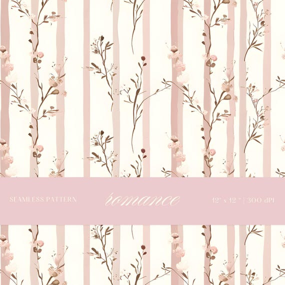 Blush Stripe Floral Seamless Pattern, Vintage Botanical Vertical Stripes, Soft Neutral Watercolor Fabric Design, Feminine Wallpaper Print