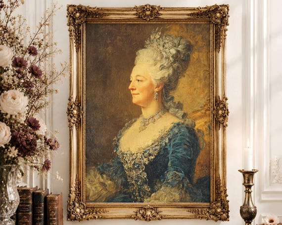 Rococo Noblewoman Portrait Wall Art | Grande Dame Blue Gown Oil Painting | Elegant Mature Lady Decor Digital Download