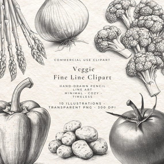 Vegetables Sketch Clipart Set, Pencil Line Art (PNG Digital Download