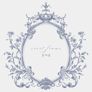 May include: An ornate, blue-grey crest frame with an oval center, adorned with floral and foliate details. A crown tops the frame, and the text "crest frame png" is written inside the oval. The design is reminiscent of vintage heraldry.