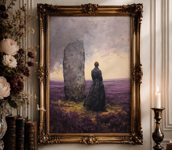 Yorkshire Moors Wall Art | Dark Gown Standing Stone Oil Painting | Gothic Romantic Landscape Decor Digital Download