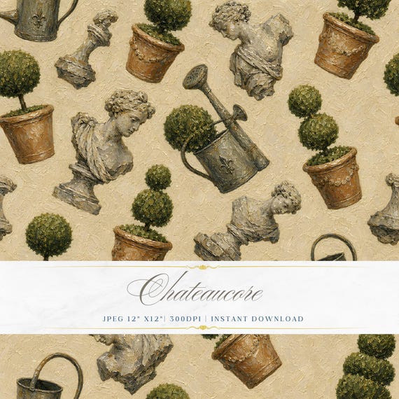 Conservatory Garden Seamless Pattern JPEG Oil Painting Digital Paper Chateaucore Toile Instant Download