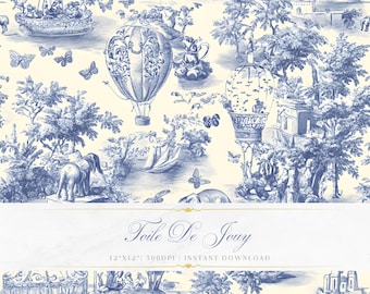 Blue Toile De Jouy Pattern | Elephant, Hot Air Balloons Art (Digital Download)