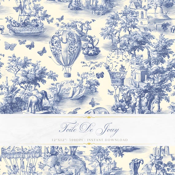 Blue Toile De Jouy Pattern | Elephant, Hot Air Balloons Art (Digital Download)