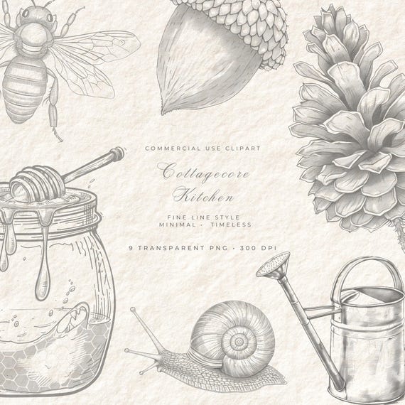 Fine Line Cottagecore Clipart PNG Bundle | Acorn Bee Honey Jar Pinecone Snail Thyme Strawberry Watering Can Transparent 300 DPI