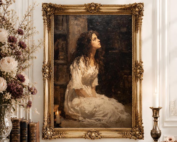 Dark Library Woman Looking Up Wall Art | Candlelit Wild Hair Oil Painting | Romantic Feminine Decor Digital Download