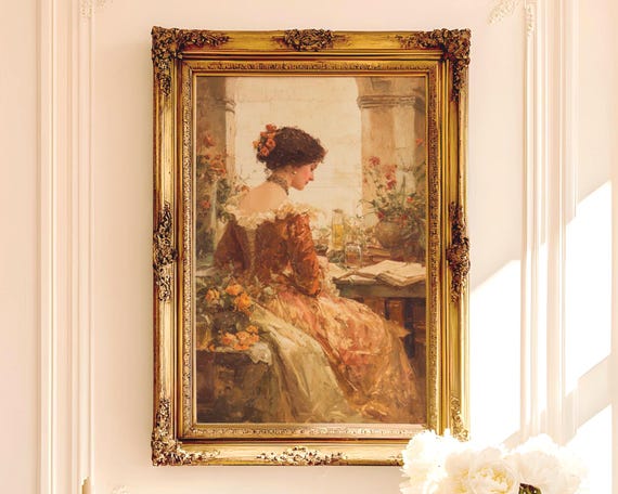 Seated Noblewoman Portrait in Terracotta and Cream Gown - Romantic Vintage Art, Elegant Cottagecore Decor, Printable Classical Painting