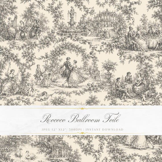 Rococo Toile de Jouy Seamless Pattern | Romantic Garden Wallpaper | Antique French Monochrome Digital Paper | Luxury Seamless Design