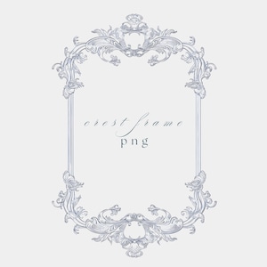 Op de afbeelding: Een sierlijke, zilverkleurige wapenframe met ingewikkelde krullen en bloemmotieven. Het rechthoekige frame heeft afgeronde hoeken en de tekst "crest frame png" in een sierlijk lettertype.