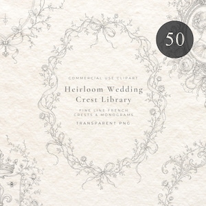 Puede incluir: Una colección digital de 50 escudos y monogramas franceses de línea fina con coronas florales, cintas y marcos ornamentados. El texto dice Commercial Use Clipart, Heirloom Wedding Crest Library, Fine Line French Crests & Monograms, Transparent PNG.