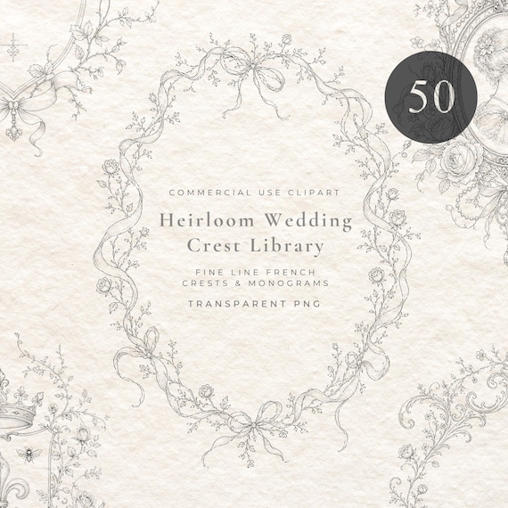 50 Wedding Crest Bundle, French Crest Library, Fine Line Wedding Monograms, Baroque Botanical Frames, Chateau Wedding Clipart, PNG
