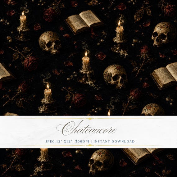 Dark Vanitas Seamless Pattern JPEG Oil Painting Skull Candle Book Chateaucore Academia Download
