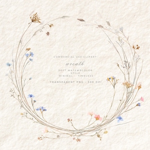 May include: A watercolor wreath design featuring delicate wildflowers in shades of pink, blue, and yellow. The wreath is composed of thin, brown stems and includes the text "wreath" and "COMMERCIAL USE CLIPART".