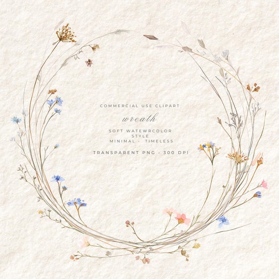 Wildflower Wreath PNG, Minimal Botanical Frame Clipart, Boho Floral Circle, Neutral Meadow Flowers, Wedding Logo Border Design