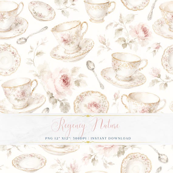 Romantic Cup of Tea Pattern PNG Soft Watercolor Digital Paper Vintage Wallpaper Design