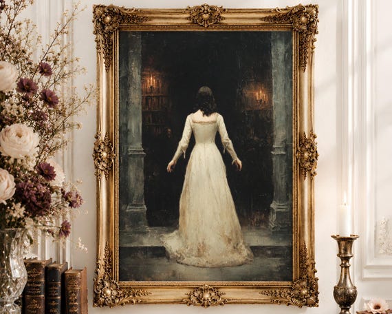 Gothic Castle Library Wall Art | Dark Figure Shadow Oil Painting Print | Medieval Mysterious Feminine Decor Digital Download
